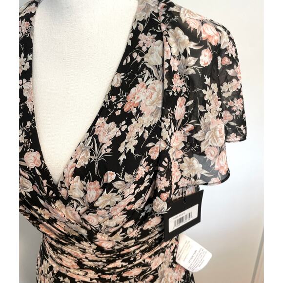 Mac Duggal Floral Print Flutter Sleeve A Line Dress Gown Black 11266 Size 6 New - Picture 8 of 16